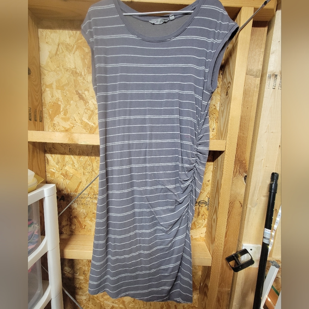 Athleta Rouched Side Gray Striped Tshirt Dress Size Large